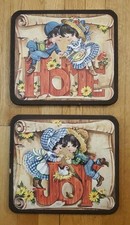 2 Vintage HOMCO Wooden Wall Plaques JOY & HOME 1970s Boy Girl Holding Hands picture
