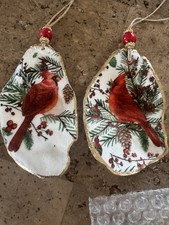 Decoupaged set of two oyster seashell Ornaments with RED CARDINALS picture