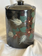 Antique Black Cookie Jar w/Fitted Lid R.R.P. Co. Ohio Pottery Glossy, 10.5”H EUC picture