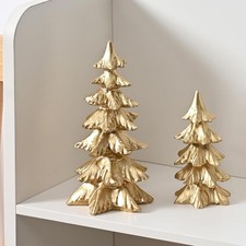Gold Resin Small Christmas Tabletop Trees Set of 2 Figurines Gold Christmas picture