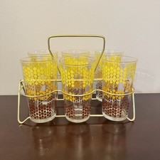 Vintage Polka Dot Bead Pattern Yellow Gold Brown Drinking Glasses W/ Rack picture