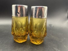 Vintage Amber Glass Salt & Pepper Shakers Set Chrome Lids Retro Mid Century picture