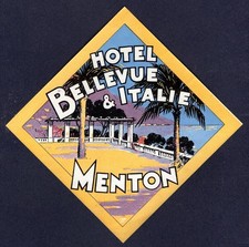 Vintage Hotel Luggage Label HOTEL  BELLEVUE  &  ITALIE  Menton picture