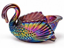 Summit Art Glass Amethyst Carnival Glass Swan Candy Dish Iridescent Vintage picture
