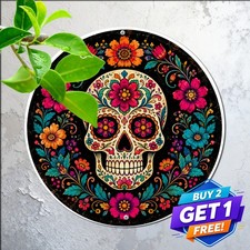Vibrant Floral Sugar Skull Wreath Round Metal Sign Day Of The Dead Tin Plaque picture