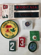 Lot Boy Scout Girl Scout Patches Numbers Pins BSA Vintage 8 Pieces Used, 2 New picture