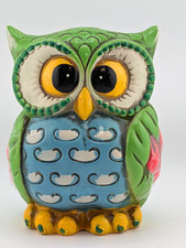 Vintage 1960 1970s Hand Painted Chalkware Owl Coin Bank Green Blue Japan Stopper picture