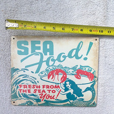 Mermaid Sea Food Metal Wall Sign Vintage Beach Coastal Hanging Holes 10x8 picture