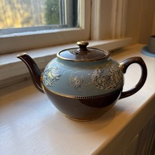Sadler Brown Blue & Gold Guilted Teapot Vintage England Roman Decorated picture