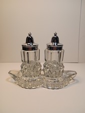 Vintage 1970s Indiana Glass Diamond Point Crystal Salt & Pepper Shakers & Tray picture