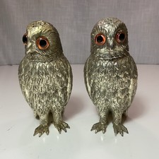 Silver Plate Owl Corbell Salt & Pepper Shakers W/ Large Inset Glass Eyes picture