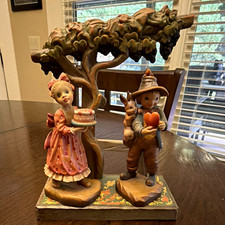 ANRI Valentine 3pc Hand-Carved Wood Figurines Boy Heart Girl Cake Tree Base picture