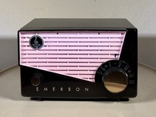 Rare & Striking 1957 Emerson 851 Pink, Black & Gold Midget Tube AM Radio, Works picture