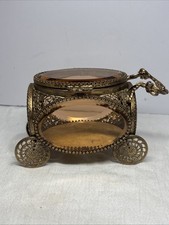 Vintage Antique Filigree Carriage Jewelry Casket Amber Beveled Glass picture