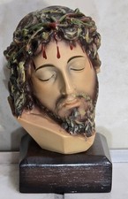 Vintage Jesus Christ Crown of Thorns Bust Sculpture Religious Statue Wood Base picture
