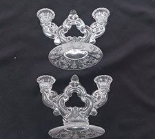 VINTAGE PAIR CAMBRIDGE CLEAR ROSEPOINT ETCHED CANDELABRA CANDLE HOLDER 2 LIGHT picture