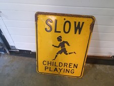 VINTAGE METAL BOY GIRL SLOW CHILDREN AT PLAY SCHOOL STREET SAFETY SIGN HOME ART picture
