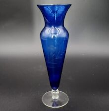 Vintage Mid-Century Glass Bud Vase Cobalt Blue Etched Cornflower Clear Base 11