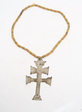 ANTIQUE HUDSON BAY SILVER CROSS FUR TRADE Era NATIVE AMERICAN Beaded Necklace picture
