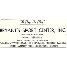 Bryant's Sport Center Inc 107 E. Main Street Martinsville VA 1960s Ad AG2-M4 picture