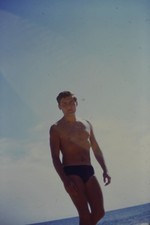 c1960's Kodachrome 35mm Slide Young Man Swim Trunks Beach Ocean Portrait Water picture