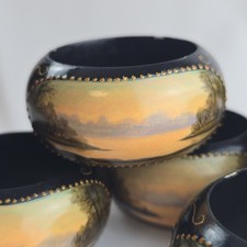 Set 6 Wood Napkin Rings Hand Painted Landscape Scene Black Lacquer Gold Accent picture