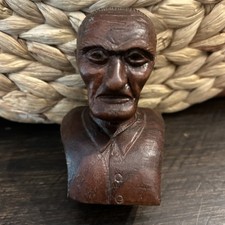 Vintage Hand Carved Wood Elderly Man Bust Folk Art Mini Sculpture Unsigned picture