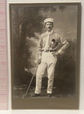 HANDSOME MAN wCANE~JAUNTY CAP~MEDAL~WHITE CLOTHES~DENVER CO~CABINET CARD PHOTO picture