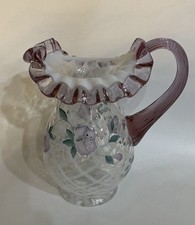 90s Fenton Pink Crest Diamond Optic Pitcher Hand Painted Signed M Lemon picture
