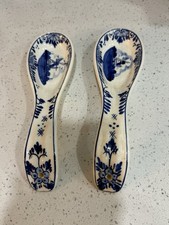 2 Vtg AGRO Delft Blue Hand Painted Ceramic Spoon Rests Holland Windmill Dutch 8