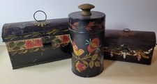 Vintage Tole Hand Painted Tins 2 - Lunchboxes, 1 Canister, Folk Art picture