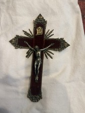 Antique brass velvet wall crucifix religious picture