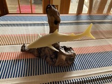 Vintage 1975 80's John Perry Carved swimming shark sculpture burled wood base  picture