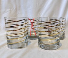 Kraftware Vtg Set Of 3 MCM Gold Ribbon Spiral Swirl Lowball Glasses 12oz EUC 70s picture