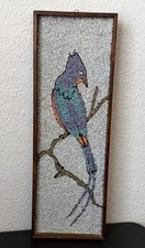 Vtg Mid Century Modern Pebble Rock Art Purple Bird On Branch Wood Framed Decor picture