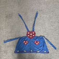 Vintage Blue Embroidered Apron Pinafore Red Floral Heart Applique Folk Cottage picture
