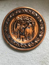 Vintage Embossed Copper Wall Hanging Plate w/ Man & Horse in Barn Design 13