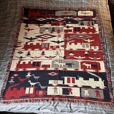 VINTAGE NAVAJO INSPIRED THUNDERBIRD & TRAIN TAPESTRY FRINGE THROW BLANKET 41x41” picture