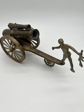 Vintage Solid Brass Double Barrel Cannon Figurine Statue W/ Soldier 18