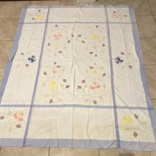 Large Vintage Embroidered Appliqué Floral Design Linen Tablecloth 84x64 Mid Cent picture