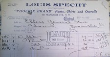 1917 Louis Specht Phoenix Brand Overalls Invoice to Ehlers Store Zoarville OH picture