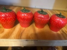 Set Of 4 Vintage Hazel Atlas Strawberry Jam Jar Containers Milk Glass Decor picture