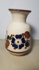 Mexico Tonala Sandstone Small Bud Vase Folk Art Cobalt Blue Flowers Pottery picture