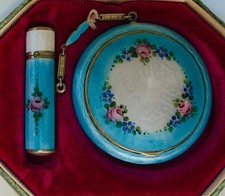 PRISTINE Antique ENAMEL GUILLOCHE*TANGO COMPACT* ORIGINAL BOX GORGEOUS  MINT picture