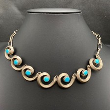 Vintage Navajo Native Swirl Turquoise Sandcast Silver Link Necklace 16