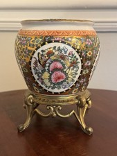 1970s Chinese Famille Rose Medallion porcelain planter, gilded cast-metal stand picture