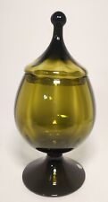 Vintage EMPOLI Art Glass Olive Green Pedestal Candy Dish Compote With Lid/Italy picture