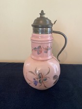Antique Pink Glass Syrup Pitcher Hand Painted with Pewter Lid and Handle picture