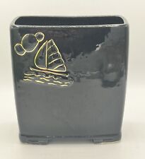 Vintage Vase / Planter Black Gloss & Sailboat Out Lined In Gold 7.5” Tall picture