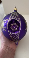 HUGE Extra Jumbo Poland Glass Ornament Triple indent Teardrop 6” Purple picture